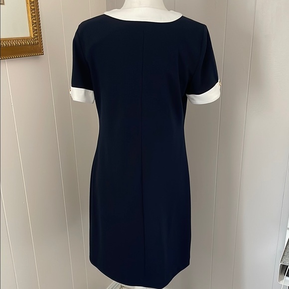 Tommy Hilfiger Blue Sheath Dress V-Neck Short Sleeve with White Piping Accents - Picture 6 of 8